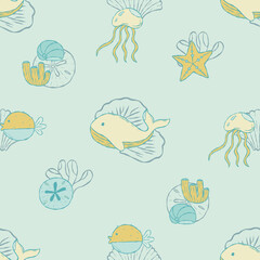 Sea Creatures and Marine Life Seamless Pattern