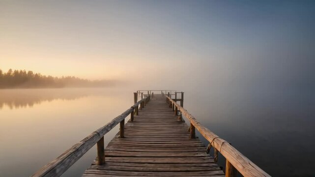 wooden dock stretching into still water during sunrise, peaceful and quiet morning by the lake with soft golden light and mist
