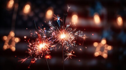 Fototapeta premium Sparkling red, white, and blue sparklers with festive star decorations, celebrating American pride and freedom under a twilight sky. 