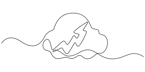 Continuous one line drawing of thundercloud and  lightning storm. Cloud in the sky single line vector illustration, Continuous one line editable drawing of thundercloud and lightning concept.
