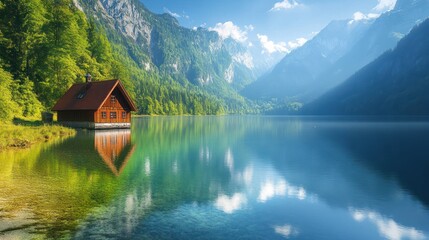 Fototapeta premium Lake cabin amidst majestic mountains offers serene beauty and tranquility