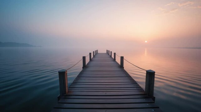 wooden pier over foggy lake in early morning light, peaceful and dreamy water scene with soft mist and distant trees