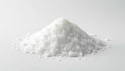 Crystalline sugar granules, bright white background, isolated, food