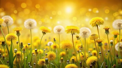 Fototapeta premium Dandelion Field on Yellow Background, vibrant yellow flowers , yellow field