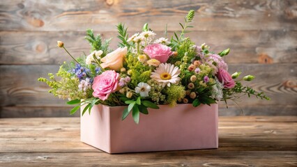 Soft pink box with a delicate floral bouquet of mixed wildflowers and greenery, placed on a natural stone or wooden background , floral arrangement, mixed flowers