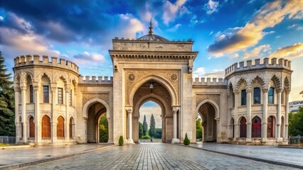 Fototapeta premium Historic architectural shot of Beyazit Gate with Ottoman-era buildings and ornate archways at Istanbul University campus , university, turkey