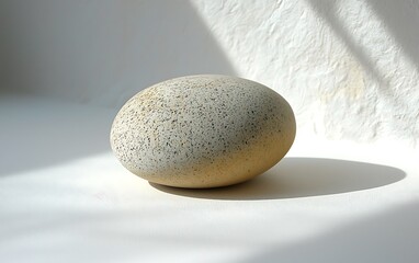Sunlit, speckled, oval stone rests on white surface, casting shadow