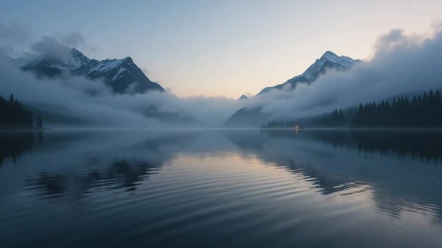 calm alpine lake with mountain peaks and misty clouds, peaceful and cold morning view with still water and clear sky