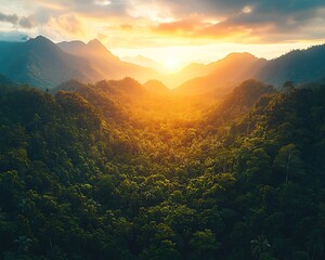 Sunlit valley nestled amongst lush green mountains at sunset