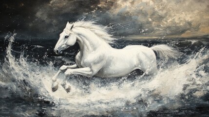 Majestic White Horse Leaping Through Powerful Ocean Waves Under Dramatic Sky with Dark Clouds and Sunlight Breaking Through