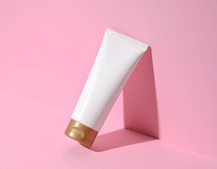 Minimalistic beauty product display featuring a white tube against a soft pink background