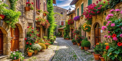Fototapeta premium Ancient cobblestone street lined with vibrant flowers and lush greenery in a quaint Italian village, village life, italy landscape