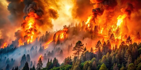 A dense forest ablaze with flames engulfing trees and foliage as a massive wildfire spreads rapidly up the hillside amidst a thick haze of smoke, forest fire spreading, wildland fire