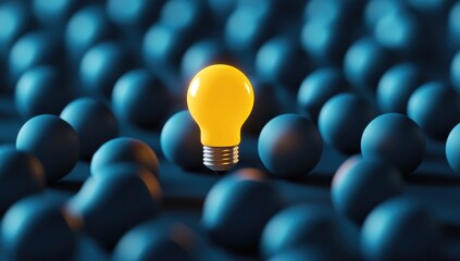 A bright yellow lightbulb stands out among many dim blue ones