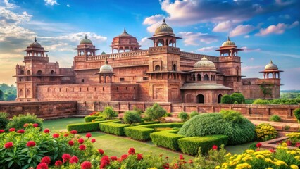 Obraz premium A majestic red sandstone fort with intricate carvings and ornate architecture, set amidst lush greenery and vibrant flowers in the heart of India's capital city , Fort, Sandstone