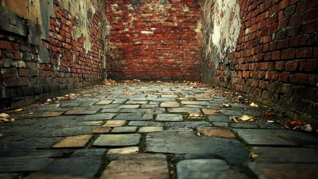 Cobblestone alleyway between aged brick walls, autumn leaves scattered on the ground