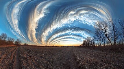 Swirling clouds arch over a field, creating a panoramic sky landscape