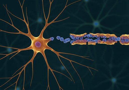Illustration of a neuron with myelin sheath damage