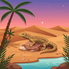Lizard Resting on Rock in Desert Oasis at Dusk Illustration