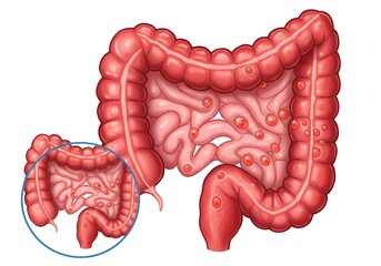 Illustration of colon with polyps and a close-up view in a circle
