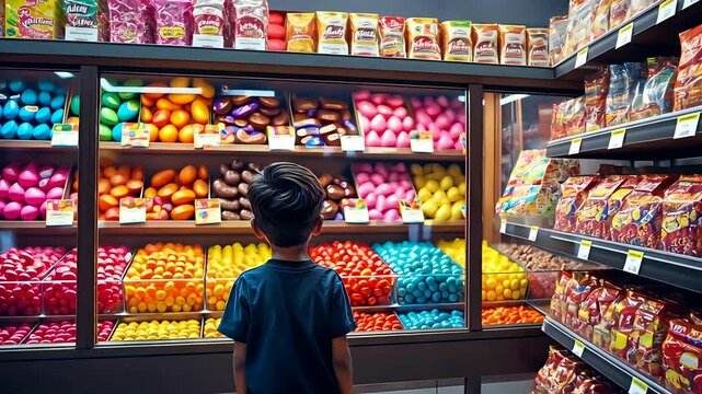 Curious Young Boy Exploring Colorful Candy Aisle Inside Bright Modern Grocery Store