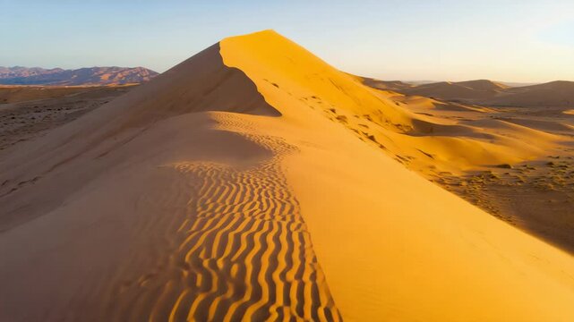 golden sand dunes under warm sunlight in the desert with clear shadows and soft curves, peaceful and natural dry landscape with no people