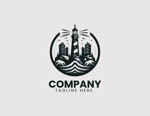 Coastal Lighthouse with Building Vector Logo Design, Beach Lighthouse with Structure Vector Logo, Maritime Lighthouse with Building Illustration Logo