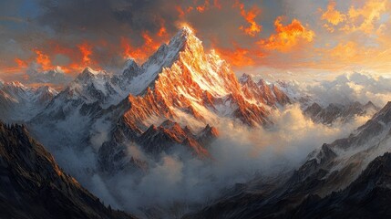 Majestic Mountain Peak Illuminated by Sunset Skies and Surrounded by Shimmering Clouds in an Awe-Inspiring Landscape of Nature's Beauty