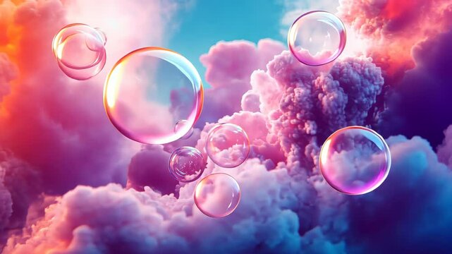 Colorful bubbles float amidst vibrant, dreamy clouds