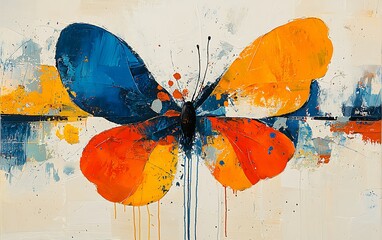 Vibrant abstract butterfly painting in blues, oranges, and yellows; textured, expressive brushstrokes