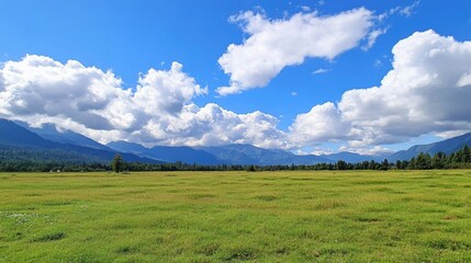 Fototapeta premium Expansive Green Meadow Under Bright Blue Sky with Fluffy White Clouds and Majestic Mountains in Background on a Clear Sunny Day
