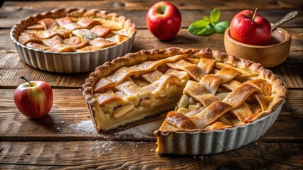 Delicious homemade apple pie sitting on a rustic wooden table with a few slices missing and a crust crumb scattered around, pastry