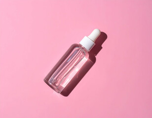 Clear glass dropper bottle filled with serum resting on a soft pink background, ideal for skincare products