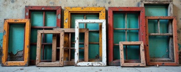 Stack of weathered wooden window frames, various sizes , texture, light