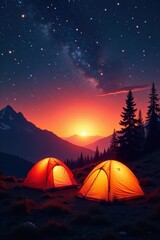 Silhouetted tents glow softly against fiery sunset, stars twinkling , tents, camping