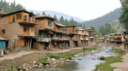 Fototapeta premium Scenic view of traditional wooden houses along a riverbank in a lush green valley surrounded by mountains and trees under a bright blue sky