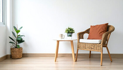 白の壁に木製のテーブルと椅子。Wooden table and chairs against a white wall.
