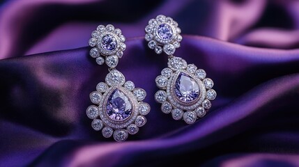Obraz premium Elegant purple gemstone earrings placed on a draped luxurious satin fabric