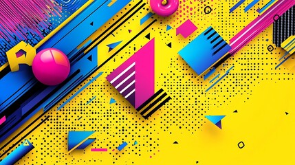 Vibrant geometric abstract art with bold colors, dynamic lines, and 3D shapes on a yellow background