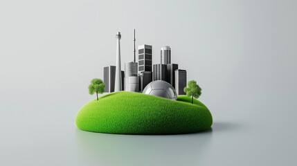 Sustainable Cityscape Green Island with City Skyline and Soccer Ball