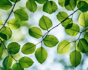 Vibrant green leaves backlit, showcasing intricate leaf veins against a soft, blurred background