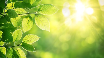 Vibrant green leaves backlit by bright sunlight, creating a bokeh effect