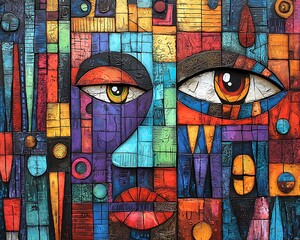 Vibrant, textured abstract artwork depicting two faces composed of colorful geometric shapes and patterns