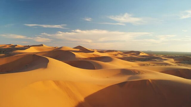 desert sand dunes with warm light and long shadows, peaceful and scenic landscape showing soft shapes and natural patterns in golden hour
