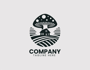 Enchanting Mushroom House in Unique Landscape Vector Logo Design, Charming Mushroom Home in Whimsical Landscape Vector Logo