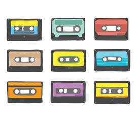 Fototapeta premium A charming set of hand drawn retro cassette tape illustrations, for nostalgic themes, music artwork, retro posters, and creative journaling designs.