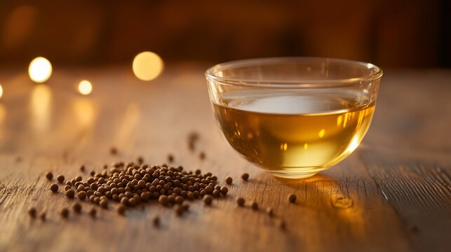 Golden elixir and grains on wooden surface illuminated by soft bokeh lights