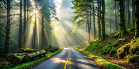 Obraz premium Serene Forest Road at Sunrise Sunbeams Illuminate Misty Path Through Lush Green Woods with Moss-Covered Trees and Logs