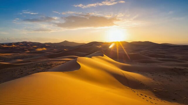 golden sunset over desert sand dunes with warm light and soft shadows, peaceful dry landscape in the evening with glowing dunes and calm nature