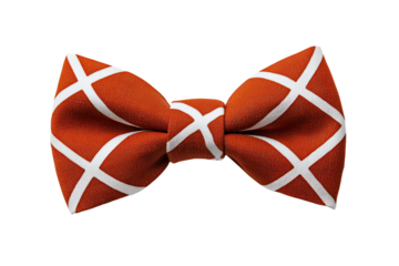 Red bow tie with a white crisscross pattern and a classic shape.